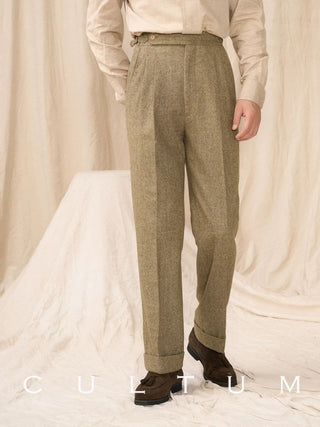 [CULTUM] Wool Blend Herringbone Double Pleat Trousers
