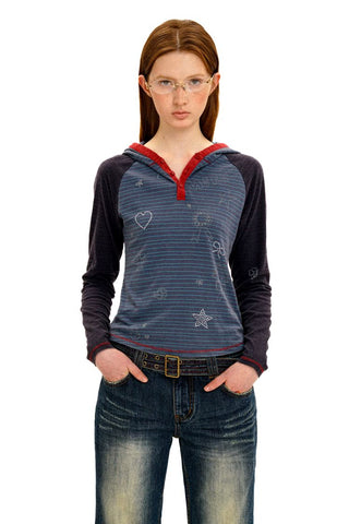 [Moromoro2] Contrast Stripe Rhinestone Long Sleeve  Tee