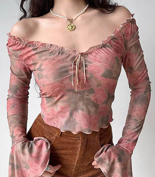 retro printed v-neck trumpet sleeve top