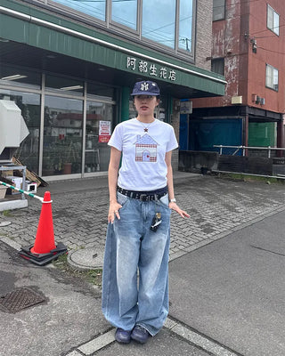 Washed balloon denim pants
