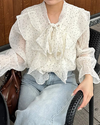 Polka Dot Ribbon Tie Frill Chiffon Blouse