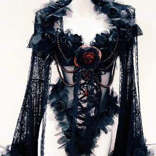 Long sleeve flower applique mesh beaded bodysuit