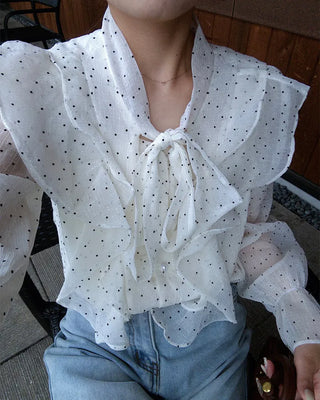 Polka Dot Ribbon Tie Frill Chiffon Blouse
