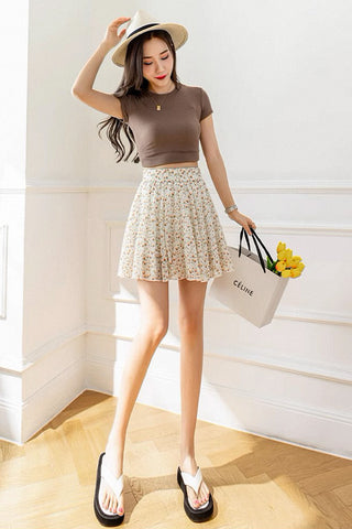 high waist a-line floral pleated skirt