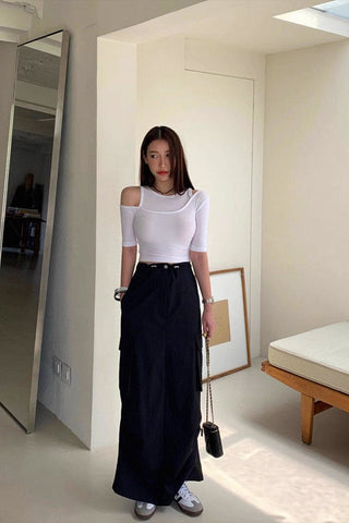 High-Waist drawstring mid-length skirt