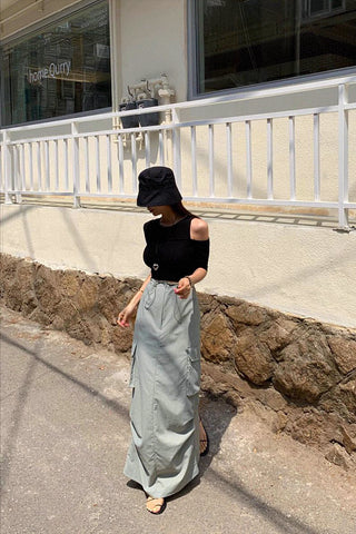 High-Waist drawstring mid-length skirt
