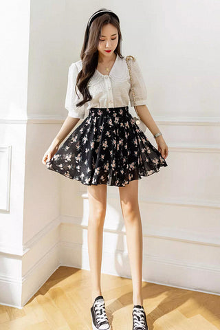high waist a-line floral pleated skirt