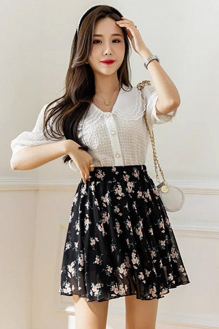 high waist a-line floral pleated skirt
