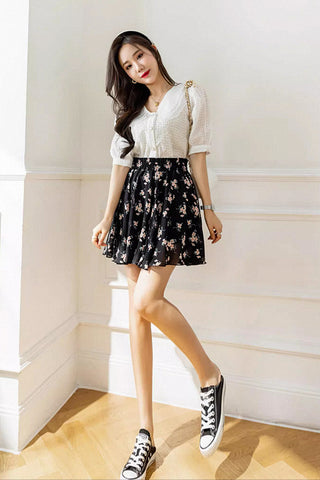 high waist a-line floral pleated skirt