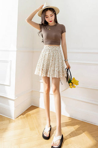 high waist a-line floral pleated skirt