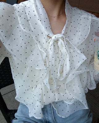 Polka Dot Ribbon Tie Frill Chiffon Blouse