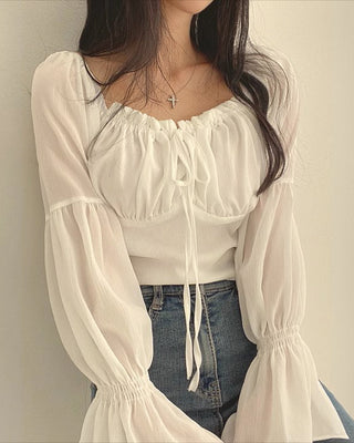 chiffon square collar waist shirt