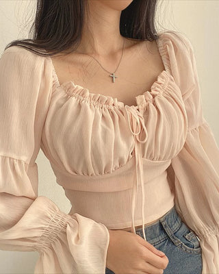 chiffon square collar waist shirt