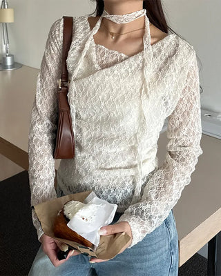 Drape neck lace T-shirt & scarf set