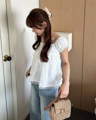 Polka Dot Ribbon Half Blouse