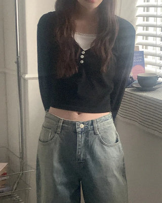 Layered Button Cropped T-Shirt