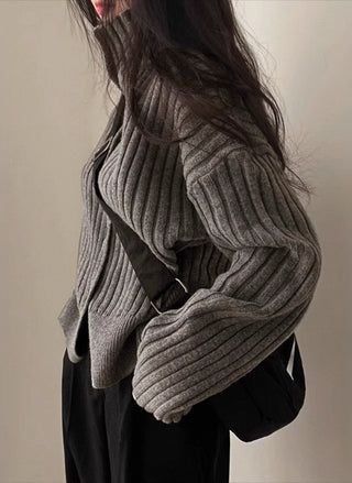 high-neck strip slim knitted cardigan