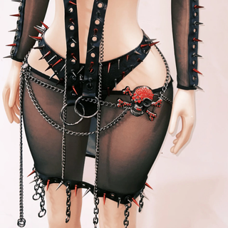 Long sleeve rivet metal chain skull applique o ring top