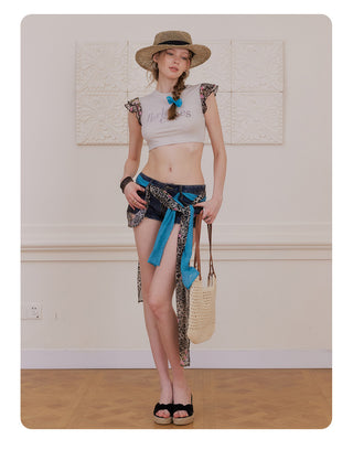 [NECY] Floral Leopard Flutter Crop Top