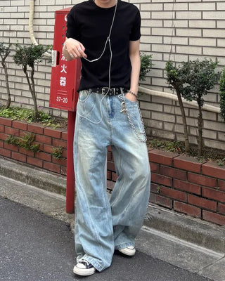 Curved silhouette denim pants