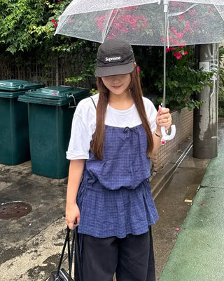 Checked sleeveless shirred blouse