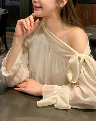 Chiffon Shirring Asymmetrical Ribbon Blouse