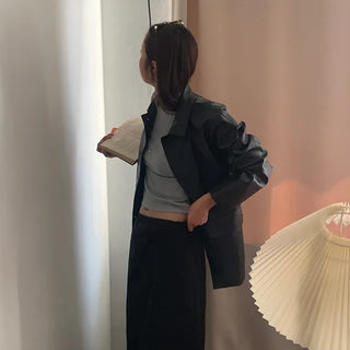 Loose-fit leather mid-length coat jacket