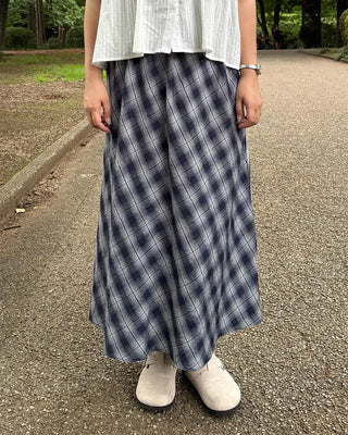 Checked elastic waist string long skirt