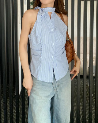 Striped gathered halter neck blouse