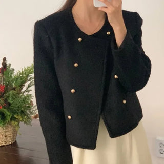Oversized cropped quilted collarless boucle tweed jacket (2c)
