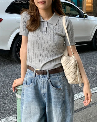 Cable knit slim-fit short-sleeve knit