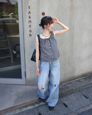 Distressed wide-leg denim pants