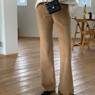 Fleece-lined ribbed bootcut elastic waist slacks (3c)