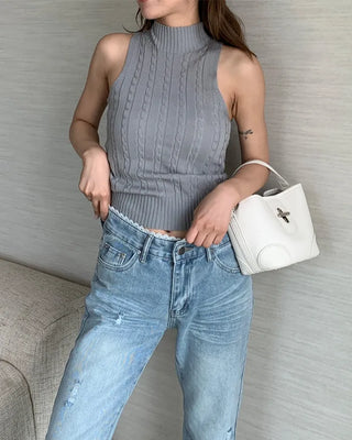 Cable Mock Neck Sleeveless Knit