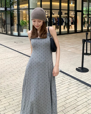 Cap-attached polka dot camisole long dress