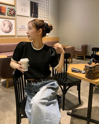 Two-tone boucle short-sleeved knit