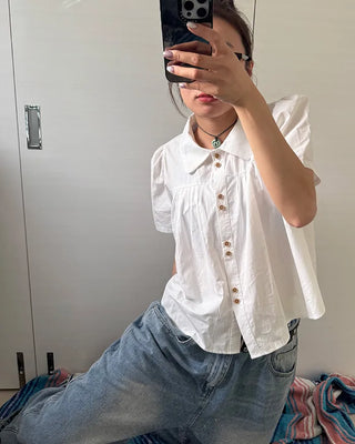Wood Button Shirring Blouse