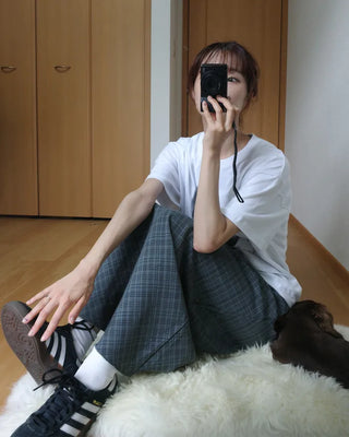 Waist string check long skirt