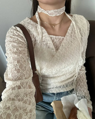 Drape neck lace T-shirt & scarf set