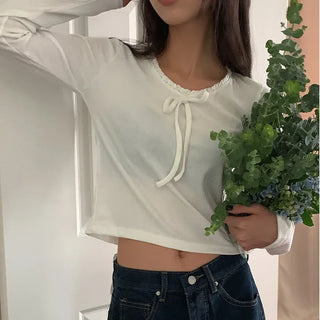 Ribbed lace ribbon long-sleeved T-shirt