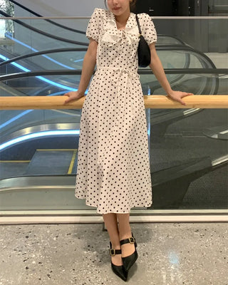 Polka Dot Frill Short Sleeve Long Dress