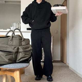 Simple knit hooded knit pants set