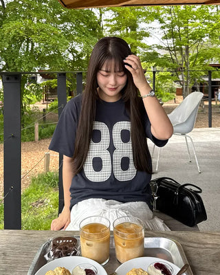 (Unisex) Number Patch Work Loose Fit Short Sleeve T-Shirt