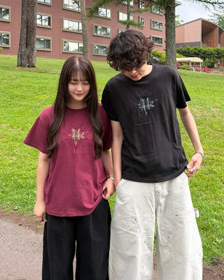 (Unisex) Check Vintage Star Patch Short Sleeve T-Shirt