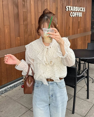 Polka Dot Ribbon Tie Frill Chiffon Blouse