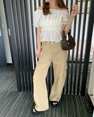 Beige pocket cotton wide-leg pants