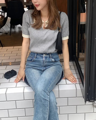 Cable bicolor short-sleeved knit