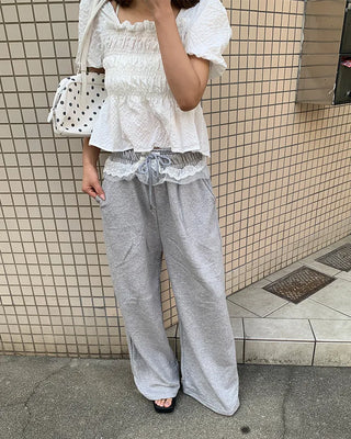 Elastic waist lace detail layered sweatpants