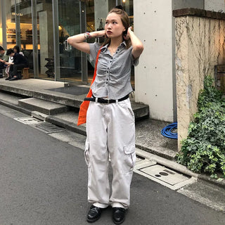 Cropped check shirred shirt
