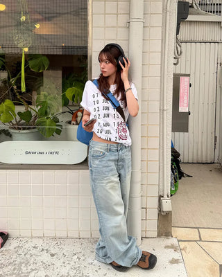 Washed double-pocket wide-leg denim